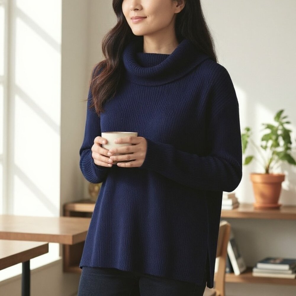 LOFT Blue Cowl Neck Pullover Ribbed‎ Neck Hem Fine Rayon Blend Size Medium